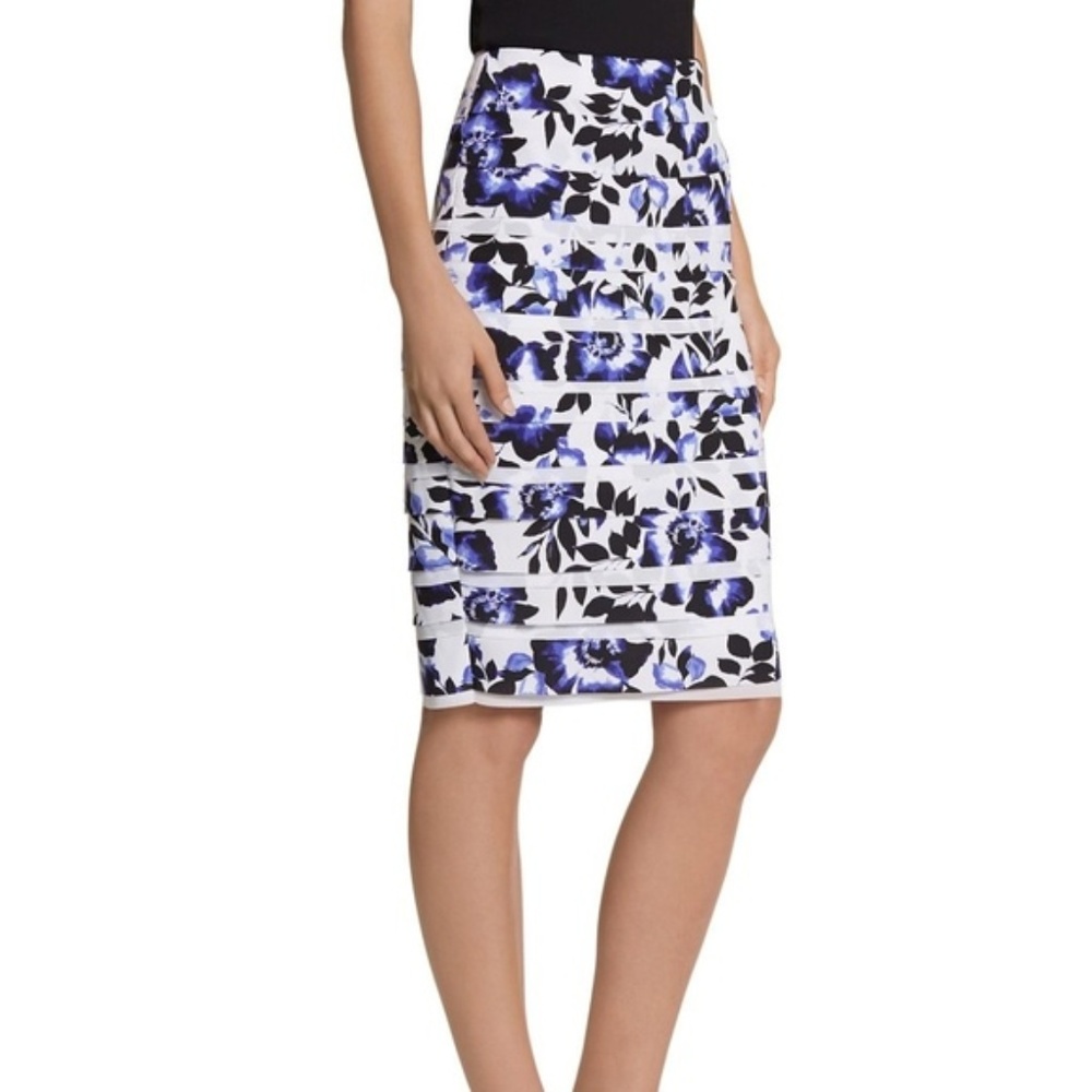 WHBM tiered floral pencill skirt, white/blue/black